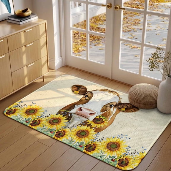 Doormat Sunflower Cow Front Door Mat Entrance Soft Non Slip Absorbent Doormats Vintage Text Farm Animal Welcome Floor Mat Rugs for Entryway Porch Bathroom Bedroom Kitchen Indoor Outdoor 16"x24"