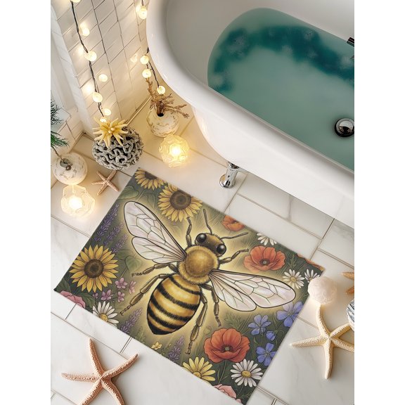 Doormat Sunflowers Honeybee Front Door Mat Non Slip Absorbent Low Profile Floor Mat Wildflowers Blooms Welcome Mats Entryway Rug for Entrance Kitchen Porch Indoor Outdoor Home Decor 16"x24"