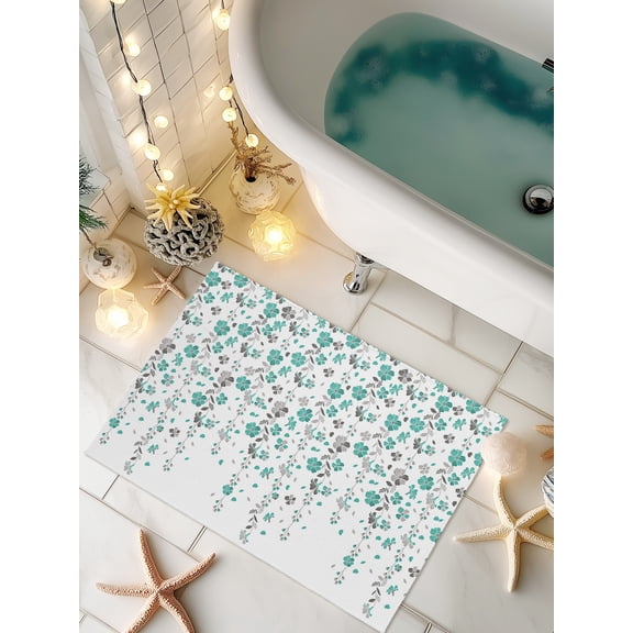 Doormat Teal Turquoise Grey Floral Front Door Mat Non Slip Absorbent Low Profile Floor Mat Spring Flowers Welcome Mats Entryway Rug for Entrance Kitchen Porch Indoor Outdoor Home Decor 16"x24"