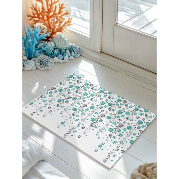Doormat Teal Turquoise Grey Floral Front Door Mat Non Slip Absorbent Low Profile Floor Mat Spring Flowers Welcome Mats Entryway Rug for Entrance Kitchen Porch Indoor Outdoor Home Decor 18"x30"