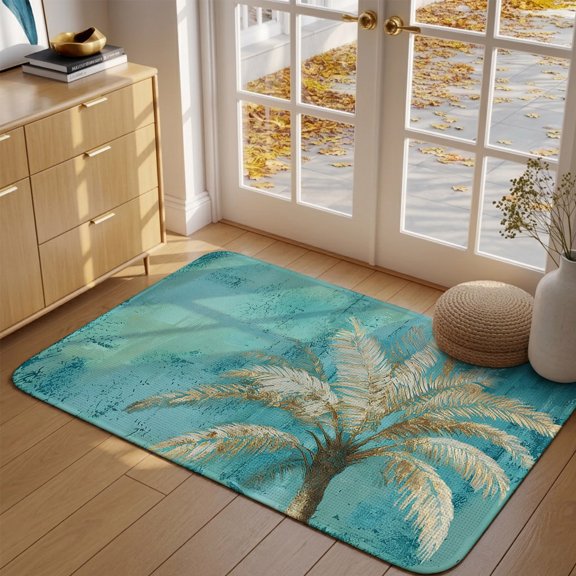 Doormat Tropical Palm Tree Front Door Mat Entrance Soft Non Slip Absorbent Doormats Teal Blue Graffiti Coastal Island Floor Mat Rugs for Entryway Porch Bathroom Bedroom Kitchen 16"x24"