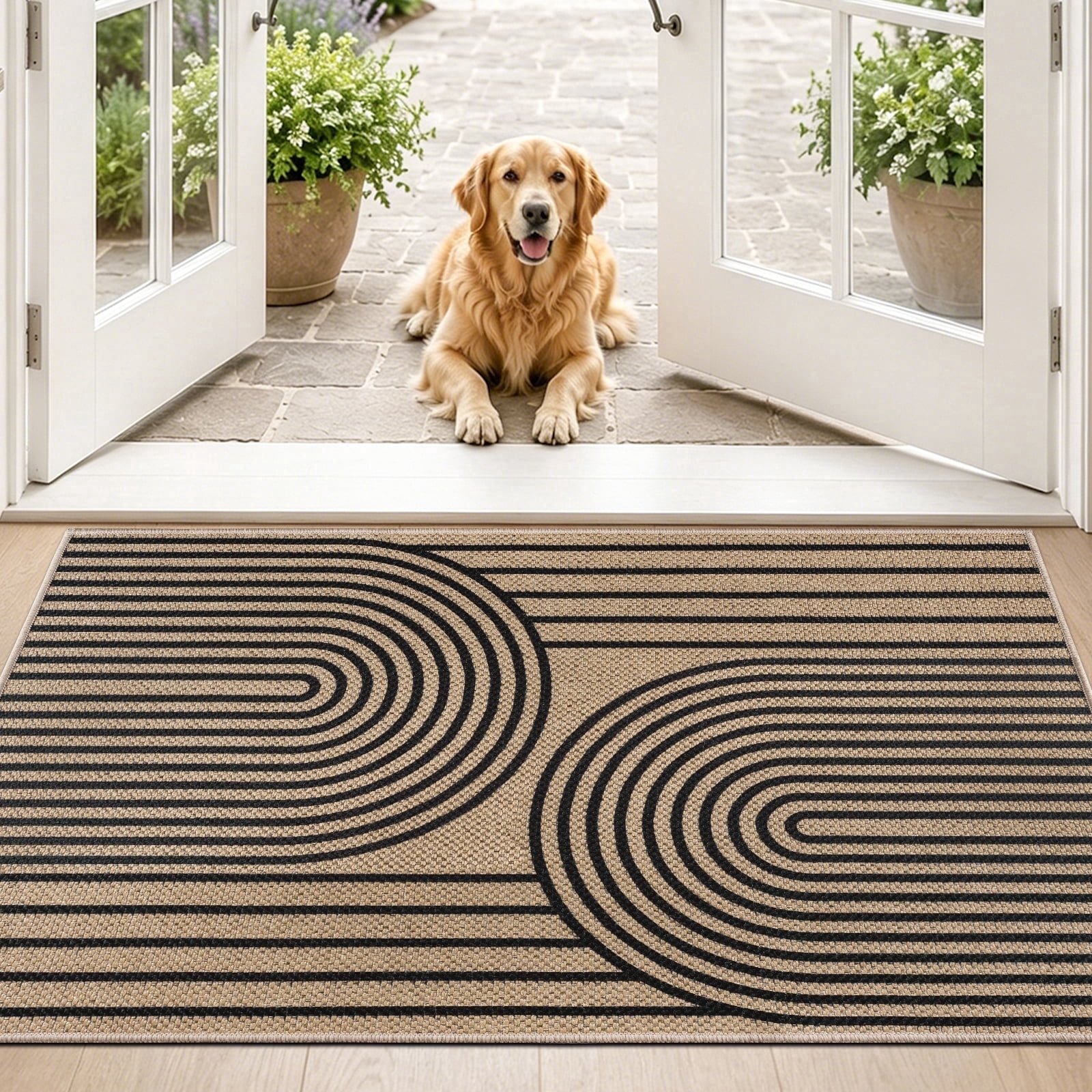 ORGOWEL Doormat Washable Easy Jute Rugs Boho Indoor Outdoor Rug 3*5ft Entryway Rugs Non-Slip Low Pile Black Door Mat Carpet for Living Room Kitchen Entry Patio Deck