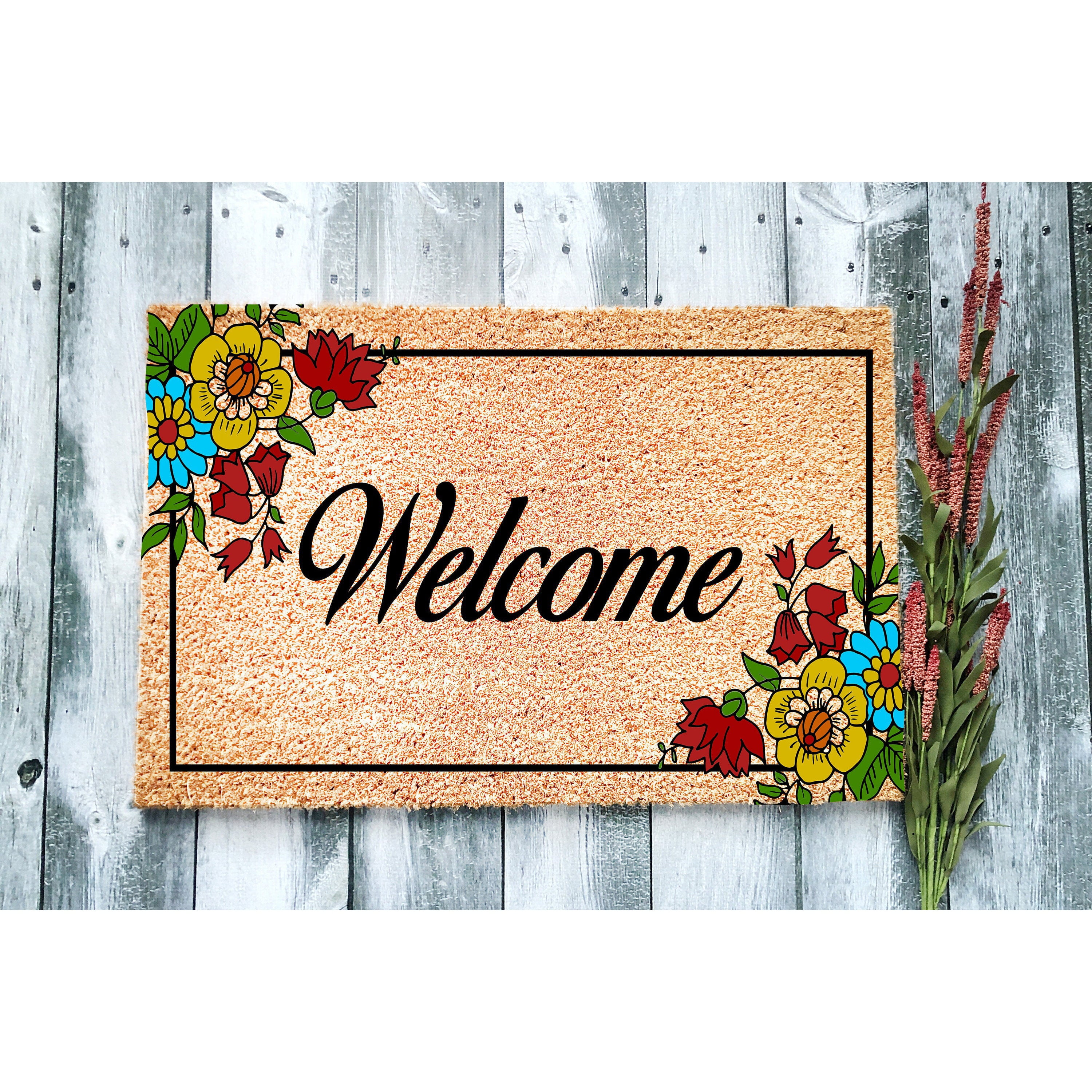 Doormat Welcome Flower Border Welcome Mat Funny Outdoor Farmhouse Fi (18" x 30") #5414