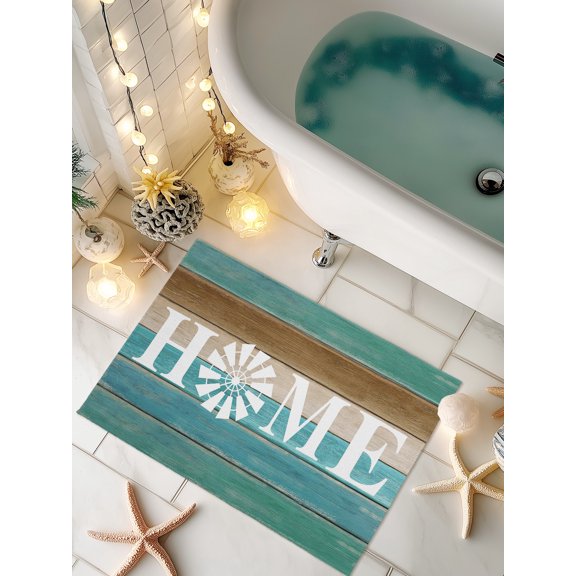 Doormat Windmill Home Front Door Mat Non Slip Absorbent Low Profile Floor Mat Turquoise Farmhouse Wood Grain Welcome Mats Entryway Rug for Entrance Kitchen Porch Indoor Outdoor Home Decor 16"x24"