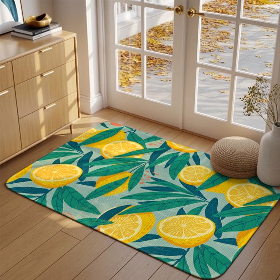 Doormat Yellow Lemon Front Door Mat Entrance Soft Non Slip Absorbent Doormats Fruit Leaves Plant Welcome Floor Mat Rugs for Entryway Porch Bathroom Bedroom Kitchen Indoor Outdoor 16"x24"