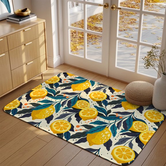 Doormat Yellow Lemon Front Door Mat Entrance Soft Non Slip Absorbent Doormats Summer Fruit Blue Leaves Welcome Floor Mat Rugs for Entryway Porch Bathroom Bedroom Kitchen Indoor Outdoor 16"x24"