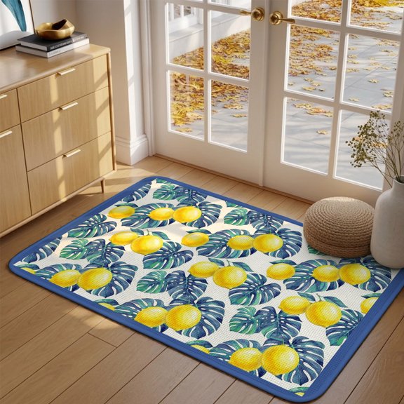 Doormat Yellow Lemon Front Door Mat Entrance Soft Non Slip Absorbent Doormats Summer Fruit Blue Palm Leaves Welcome Floor Mat Rugs for Entryway Porch Bathroom Bedroom Kitchen Indoor Outdoor 16"x24"