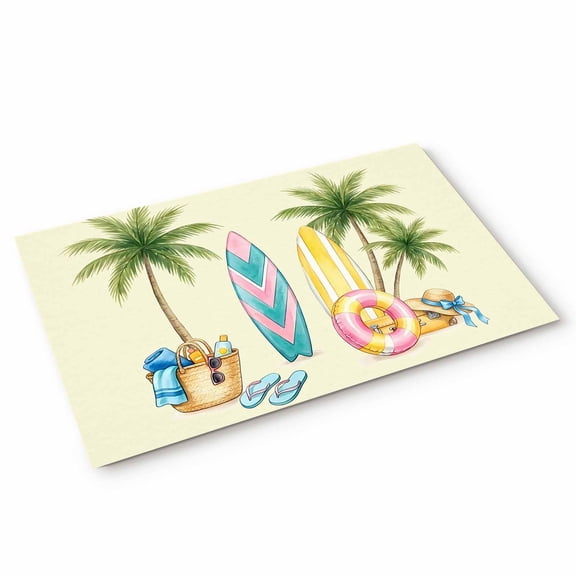 Doormat Yellow Surfboard Doormats Entrance Door Rug Summer Beach Bag Palm Trees Floor Mat Welcome Front Door Mat for Indoor Outdoor Kitchen Home Decor 18x30 Inch