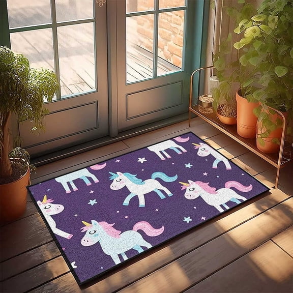 Doormats for Entrance Funny Magical Unicorns in Starry Night Sky Doormat Playroom Decor Mats for Patio Waterproof 16x24 Inch