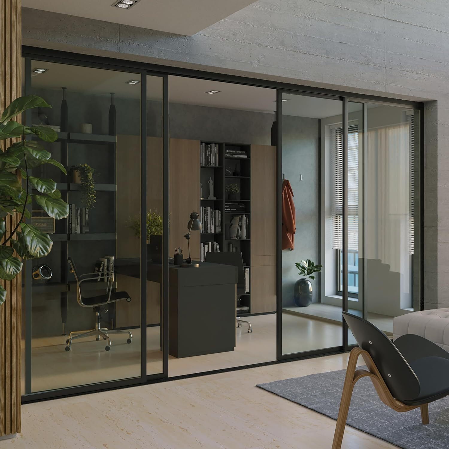 Black Glass Sliding Panel Room Divider and Partition Wall