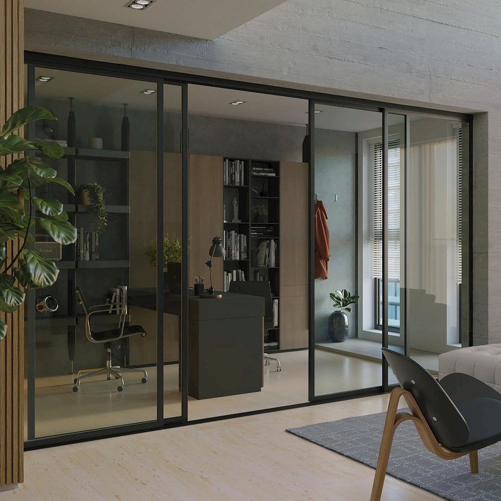 Black Glass Sliding Panel Room Divider and Partition Wall