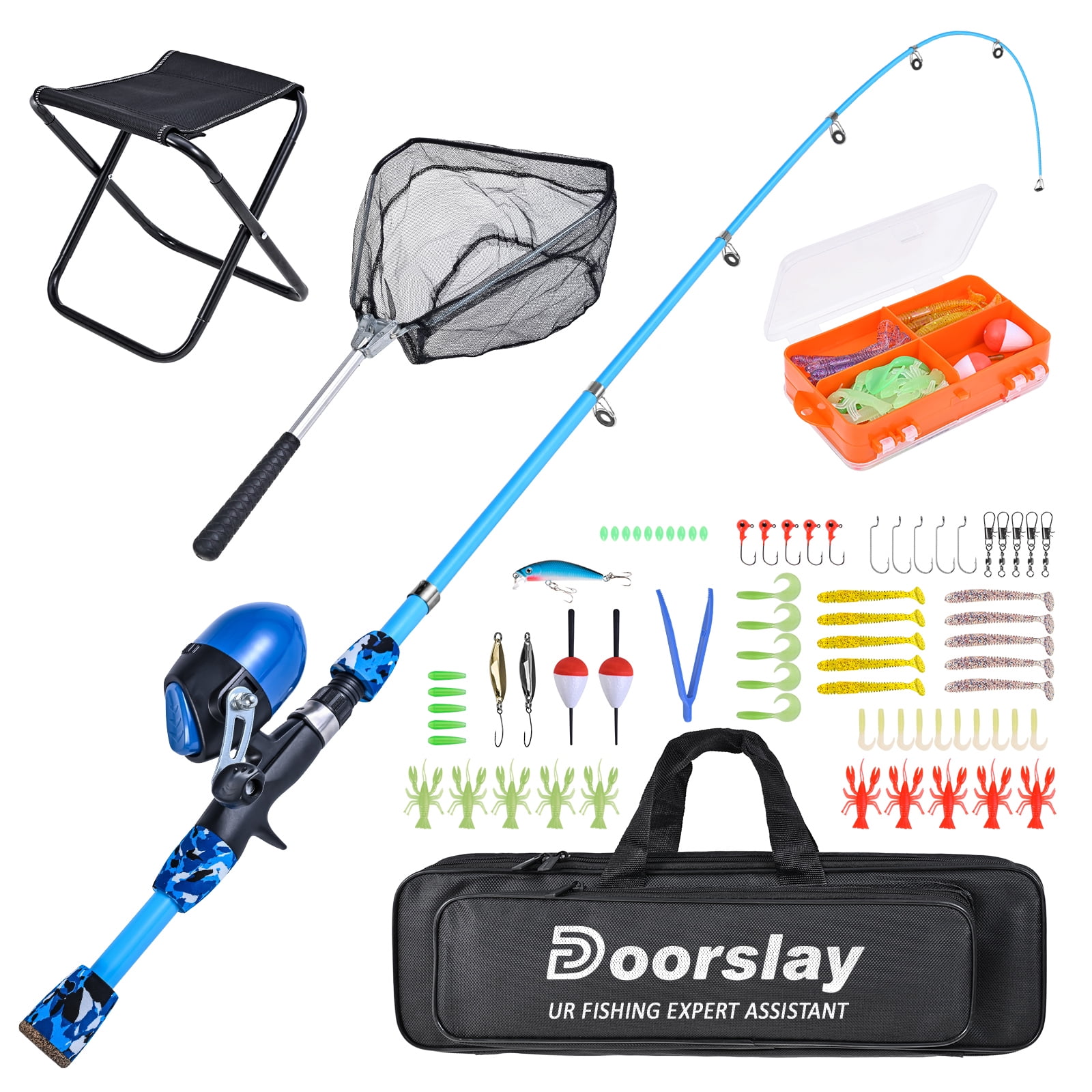 Doorslay Kids Fishing Gear Set Telescopic Pole Reel Combo Collapsible Stool Landing Net Tackle Box for Boys Girls