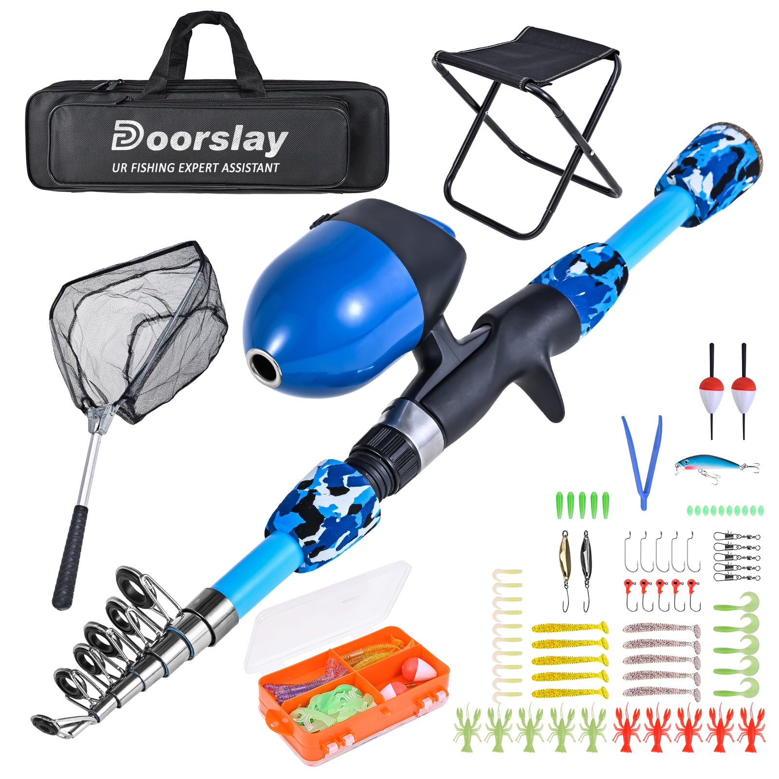 Doorslay Spinning Rod,Rod And Reel Combo With Collapsible Telescopic Pole Reel Combo Kids Set Kids Rod And Collapsible Stool Net Kids Pole - Set Toddler Children Pole - Rod Xinzy - Rod Reel