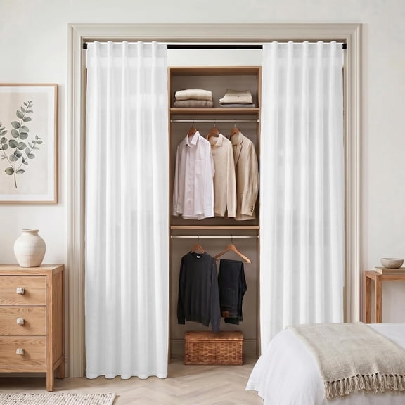 Doorway Curtains Privacy Room Divider for Seperation,Sheer Faux Linen Accordion Sliding Closet Door Panels Doors,80 Inches Long,Pure White