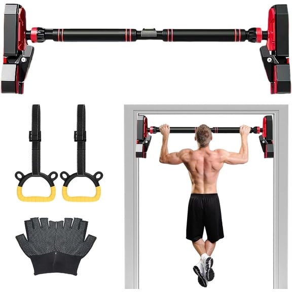 Doorway Pull Up Bar No Drill Installation, Adjustable 37.8–57.1in Heavy Duty Chin Up Bar with Level Meter & Gym Rings, Secure Door Frame Workout Bar for Home Gym Strength Training