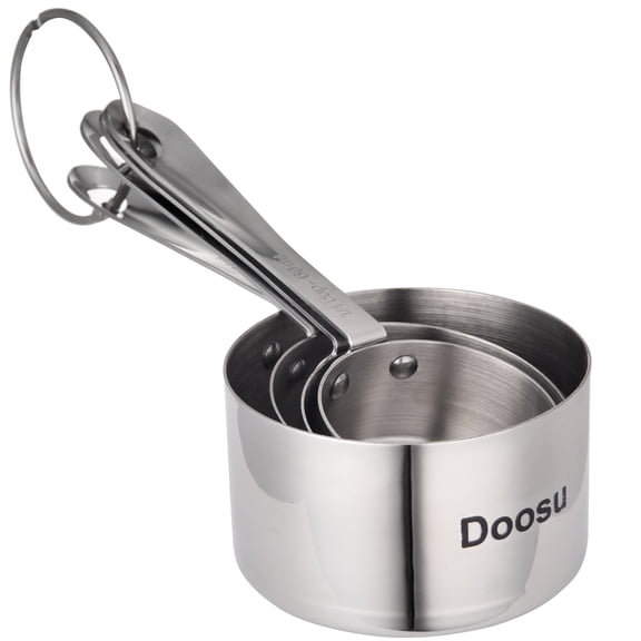 Doosu Stainless Steel Measuring Cups – 4-Piece Set with Ring, Engraved Measurements for Accurate Cooking and Baking