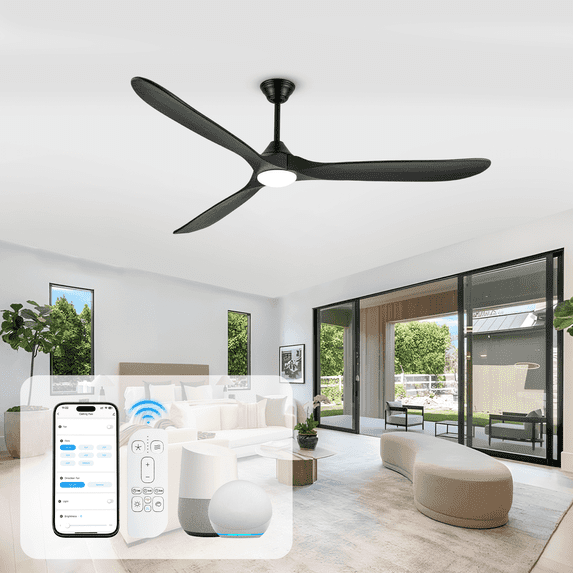 60 inch Modern Black Ceiling Fan with Light, Alexa/APP & Remote Control, 3 Wood Blades, Quiet Reversible DC Motor, Indoor Outdoor Patios Living Room
