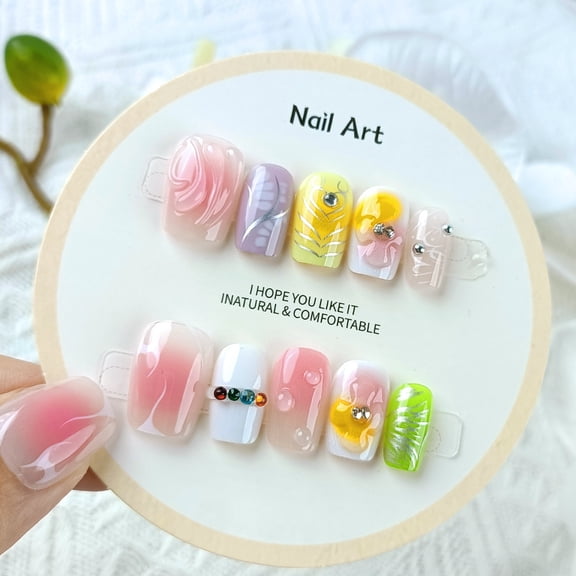 Dopamine Candy Color Light Therapy Blush Nail, Flower Epoxy Diamond Nail Art Tablets 10 pieces, sub-code, hand-worn nail