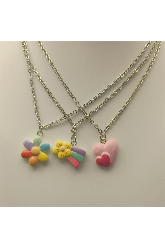 Dopamine Color Cute Sweet Loving Heart Flowers Rainbow Pendant Necklace Simple Cross Chain