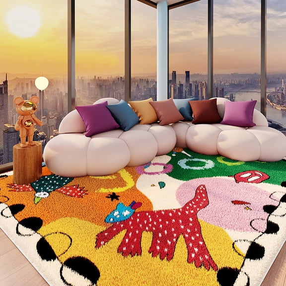 Dopamine Style Living Room Rug, Large Area Non Slip Floor Carpet, Stain Resistant Easy Clean Sofa Coffee Table Mat, Anti Slip Bedroom Bedside Area Rug for Home Decor