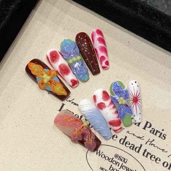 Dopamine Three-dimensional Carved Handmade Wear Nail Flower Gradient Long