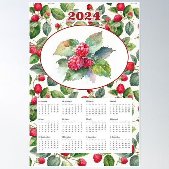 Dopaprint UNFRAMED PAPER POSTER 2024 Raspberries Calendar Vintage