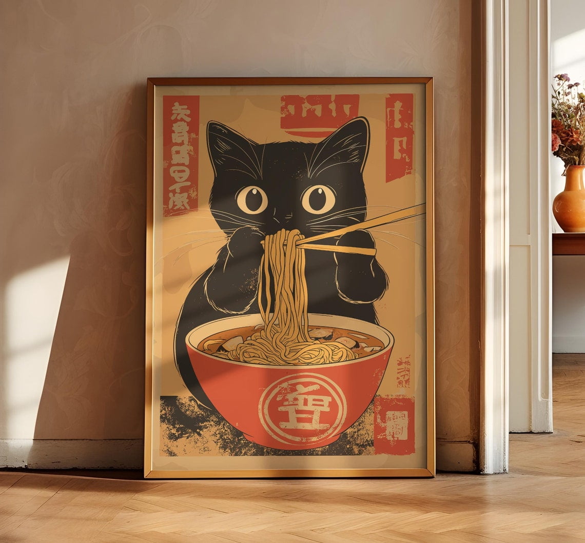 Dopaprint UNFRAMED PAPER POSTER Cute Cat Eating Noodle, Japanese Retro ...