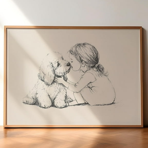 Dopaprint UNFRAMED PAPER POSTER Goldendoodle And Girl Poster, Dog Vintage Art, Retro Puppy Painting, Nursery Wall Decor, Baby Room Wall Art, Dog Drawing, Dog Painting Art
