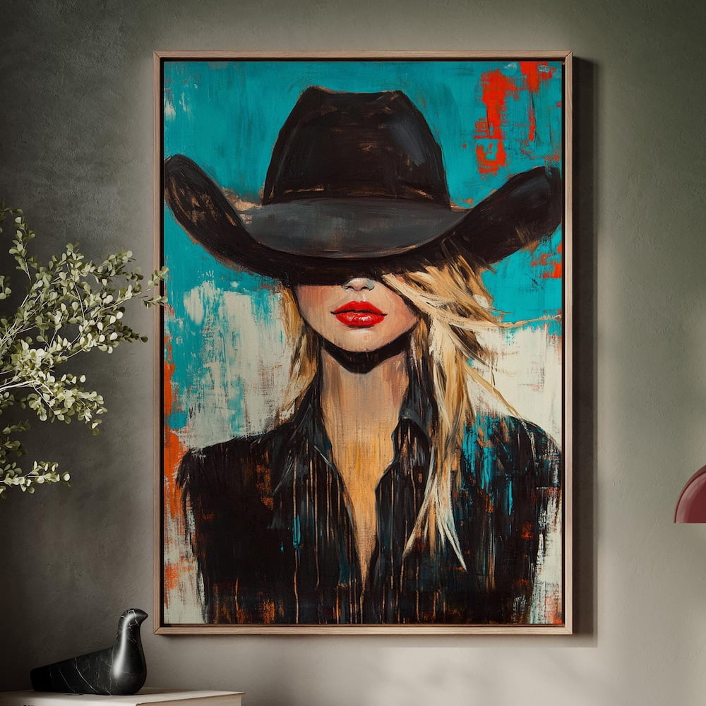 Western Cowgirl Wall Art Print - Abstract Blonde Woman In Cowboy Hat Oil Painting Poster, Framed Rustic Decor