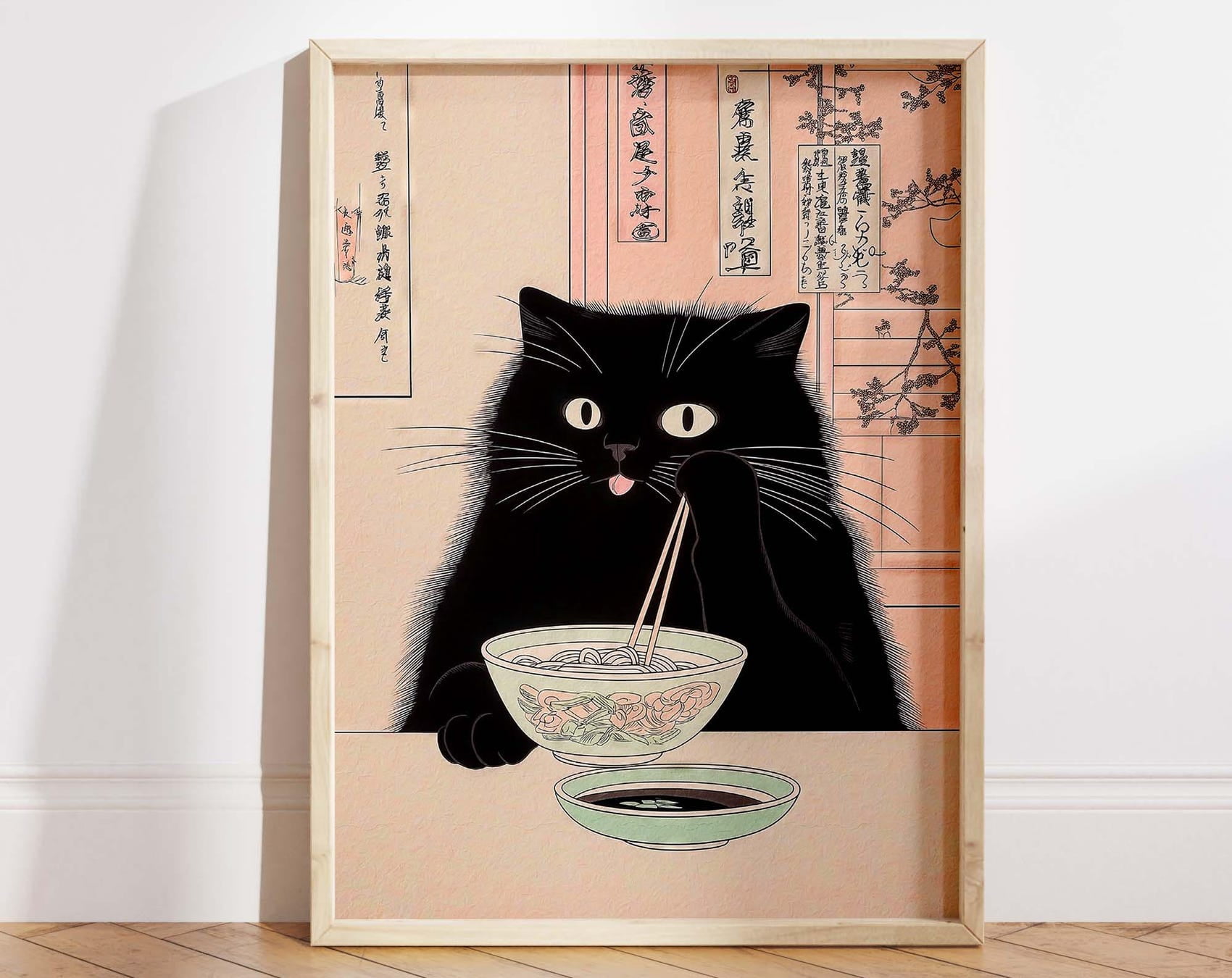 Dopaprint UNFRAMED PAPER POSTER Vintage Cat Eating Ramen Noodles Poster ...