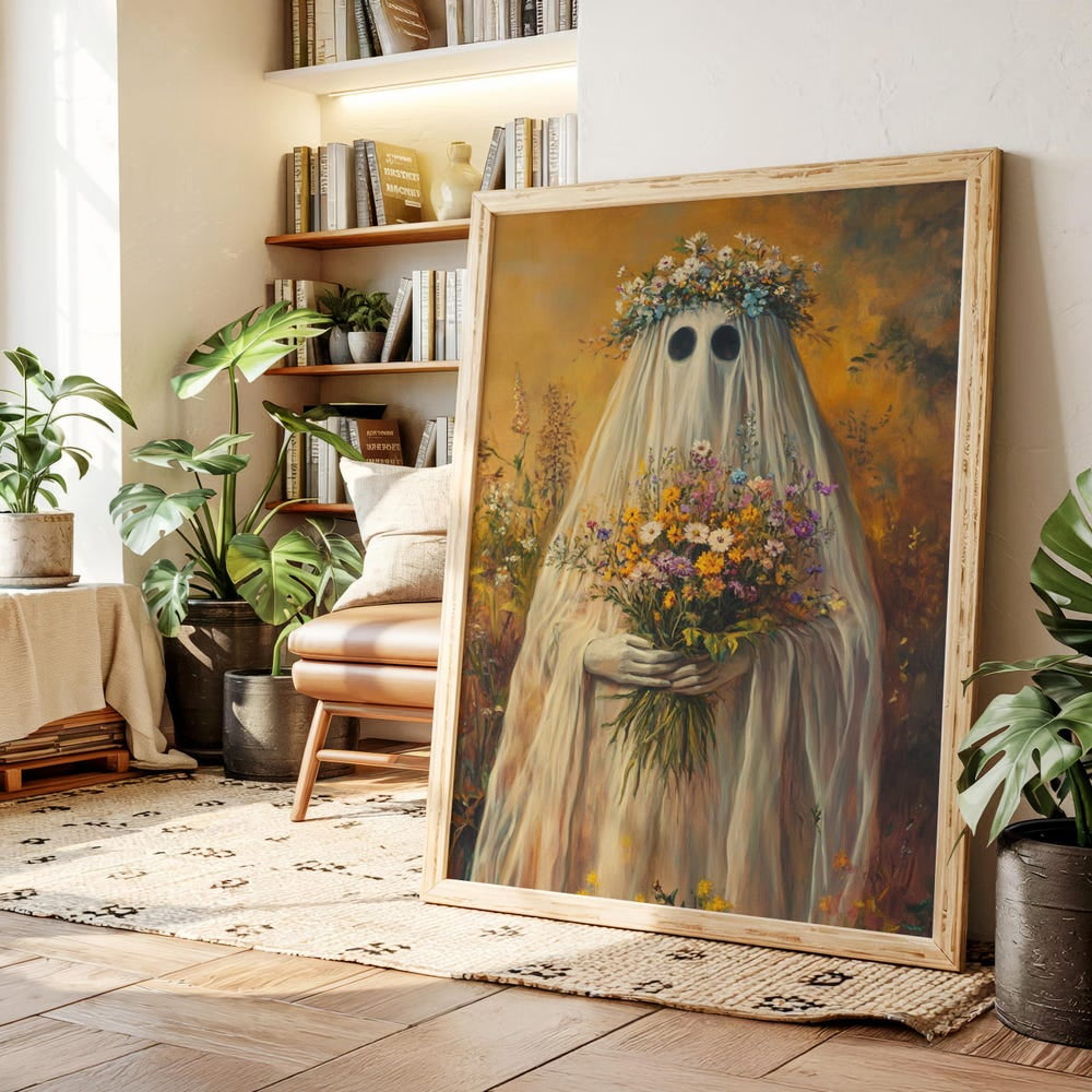 Dopaprint UNFRAMED PAPER POSTER Whimsical Ghost Holding Wildflowers ...