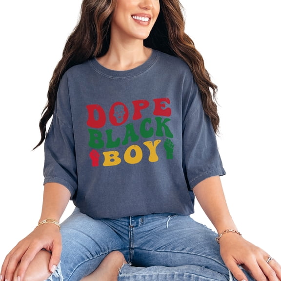 Dope Black Boy, African American Themed, Groovy Retro Wavy Text, Denim Comfort Colors T-Shirt, Medium