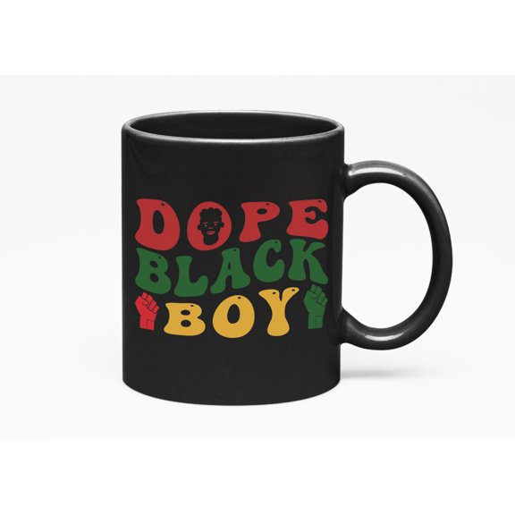 Dope Black Boy, African American Themed, Groovy Retro Wavy Text Merch Gift, Black 11oz Ceramic Mug