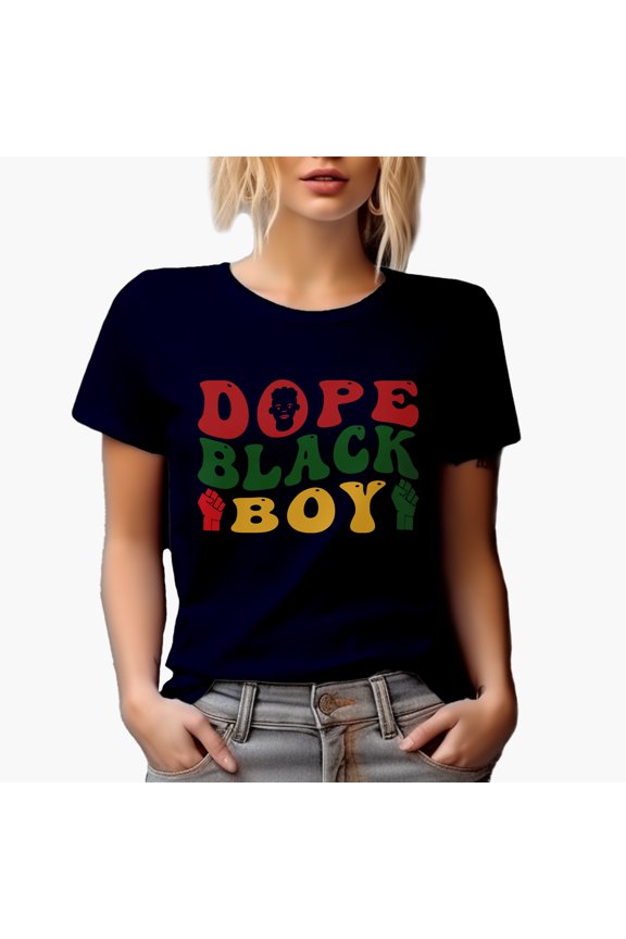 Dope Black Boy, African American Themed, Groovy Retro Wavy Text Merch Gift, Navy Blue T-Shirt, Small