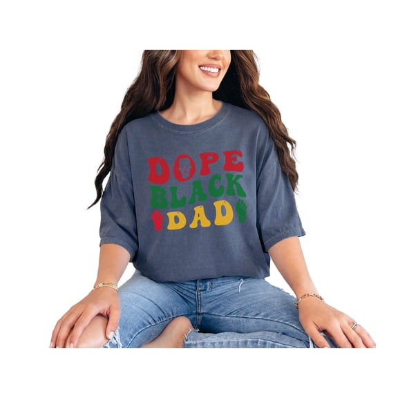 Dope Black Dad, African American Themed, Groovy Retro Wavy Text, Denim Comfort Colors T-Shirt, Large