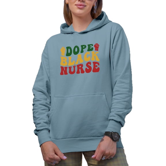 Dope Black Nurse, Groovy Retro Wavy Text Merch Gift, Light Blue Hooded Sweatshirt or Hoodie, Large