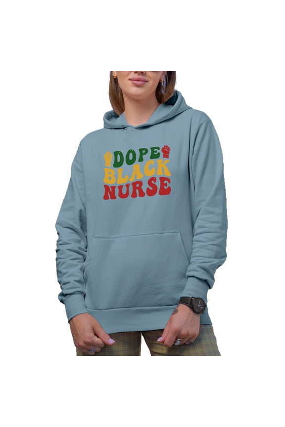 Dope Black Nurse, Groovy Retro Wavy Text Merch Gift, Light Blue Hooded Sweatshirt or Hoodie, XL