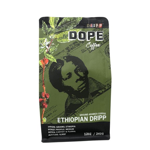 Dope Coffee, Ethiopian Dripp, Medium Roast, Ground Coffee 12oz, Sidamo Region 100% Arabica, 12oz