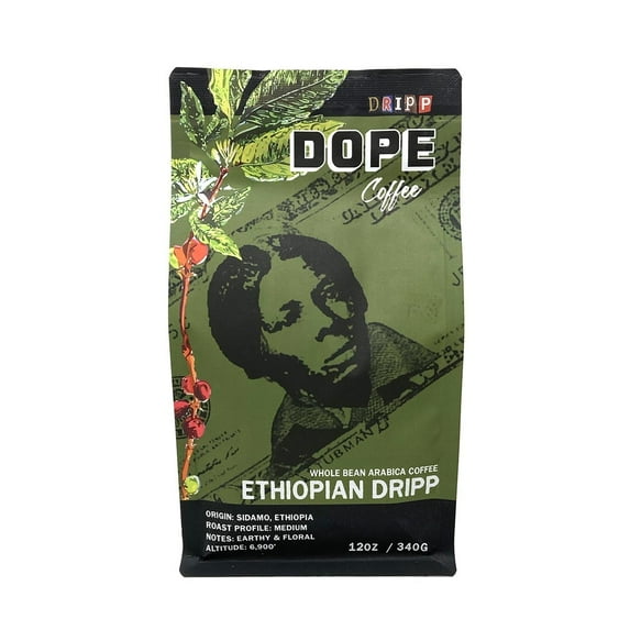 Dope Coffee, Ethiopian Dripp, Medium Roast, Whole Bean Coffee, Sidamo Region 100% Arabica, 12oz
