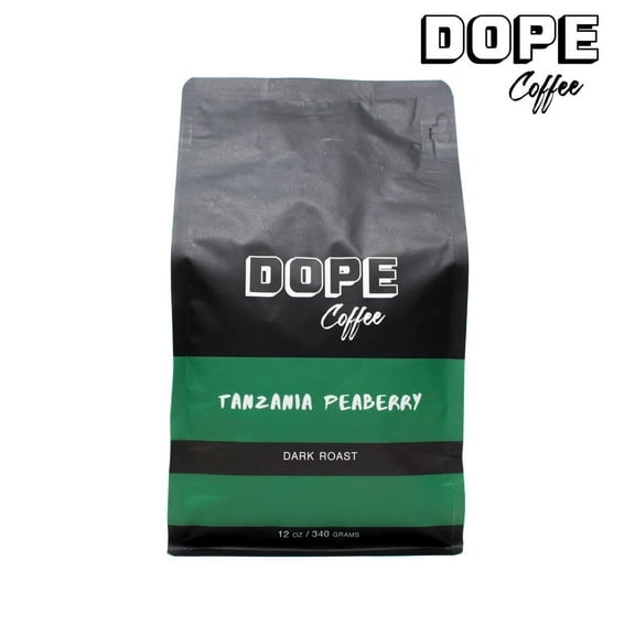 Dope Coffee, Tanzania Peaberry, Ground Coffee, Dark Roast - Rain Forest Alliance Certified, Naturally Caffeinated