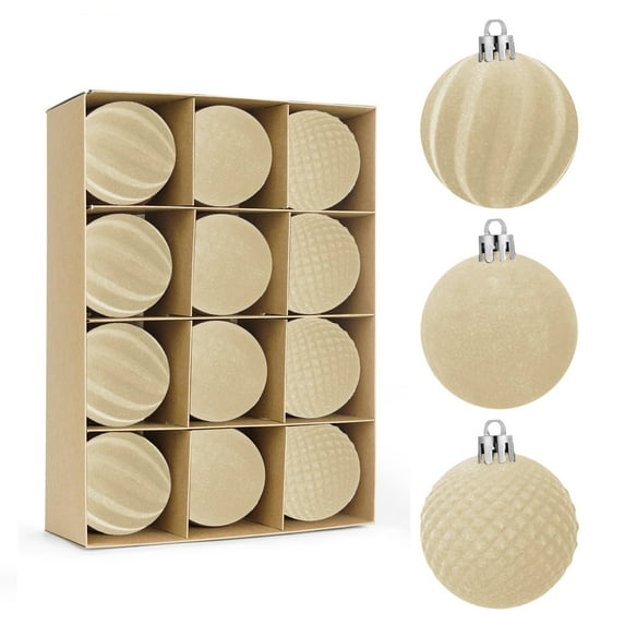 Dopebox 12 Pcs Velvet Christmas Ornaments Balls Flocked Christmas Tree Ball Hanging Ornaments, Shatterproof Plastic Flocked Christmas Tree Balls Xmas Decorations, for Holiday Party Decor (Beige)