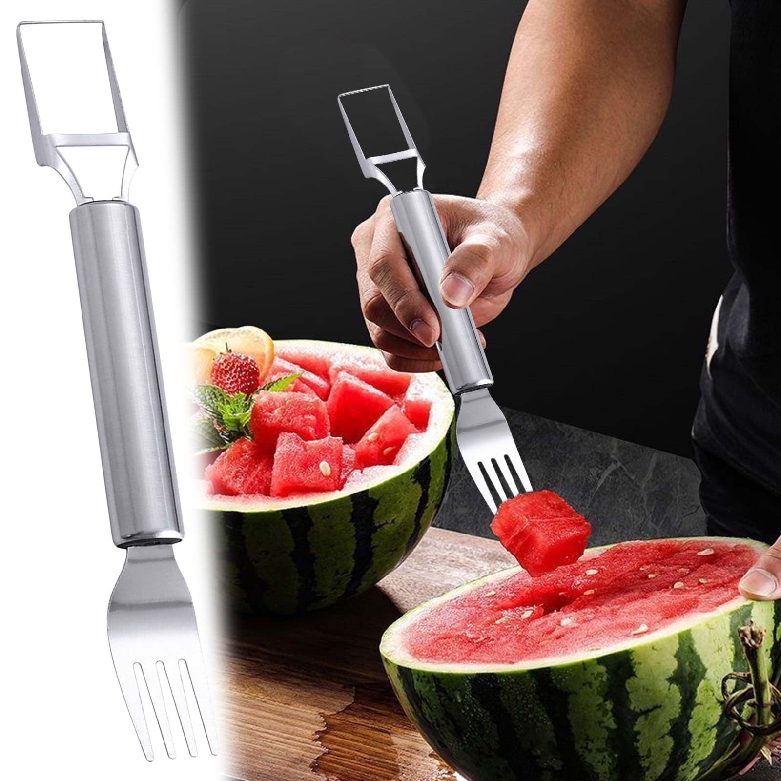 3 Pack Stainless Steel Watermelon Cutter & Slicer Tool - 2-in-1 Fruit Cube Cutter With Fork
