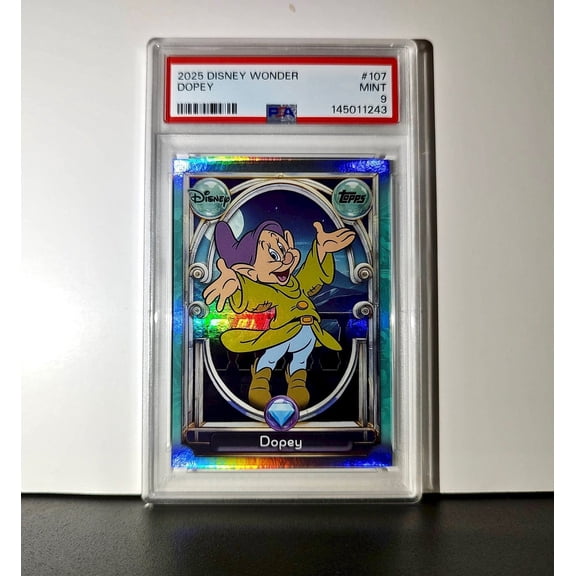 Dopey 2025 Topps Disney #107 Diamond Card Snow White and the Seven Dwarfs PSA 9
