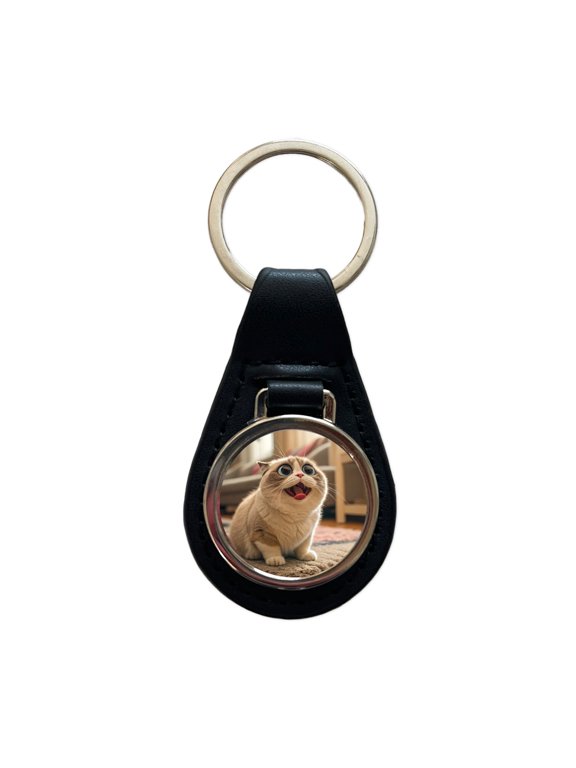 Dopey Cat Funny Metal Black Leather Keychain