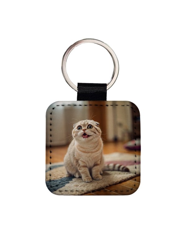 Dopey Cat Silly Faux Leather Square Keychain