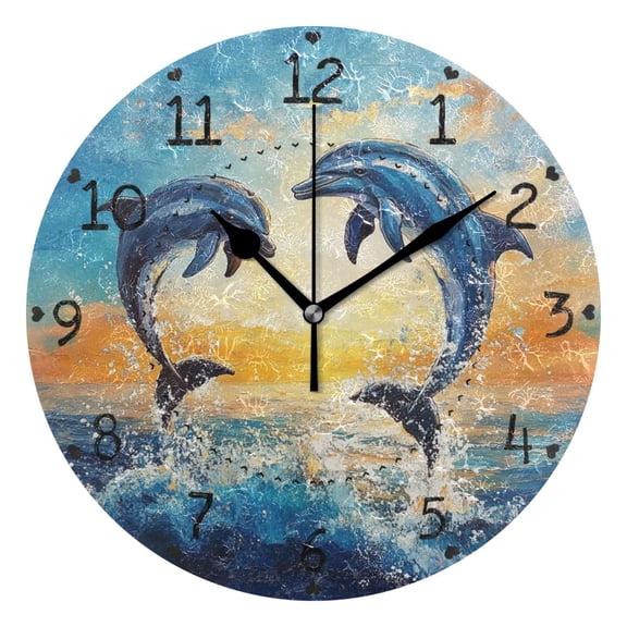 Dophins Jumping Suset Ocean Round Wall Clock Silent Analog Battery Operated Black Pointer Home Decor 9.84" Diameter