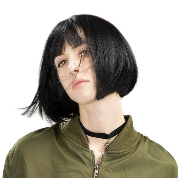 Dopi 12" Short Black Bob Wigs with Hair Bangs for Women Natural Looking Synthetic Full Hair Wigs for Women(2Pack)