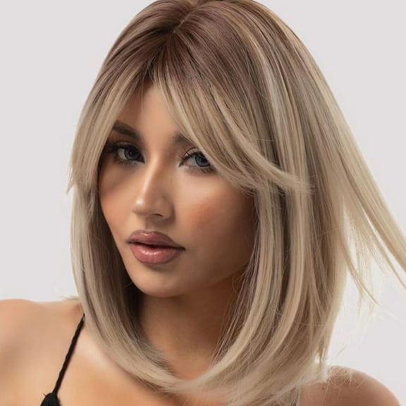 Dopi 14" Short Bob Wigs for Women Straight Short Blonde Wigs with Bangs Synthetic Wefted Wig Caps(2Pack)