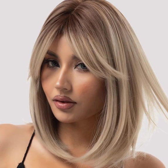 Dopi 14" Short Bob Wigs for Women Straight Short Blonde Wigs with Bangs Synthetic Wefted Wig Caps