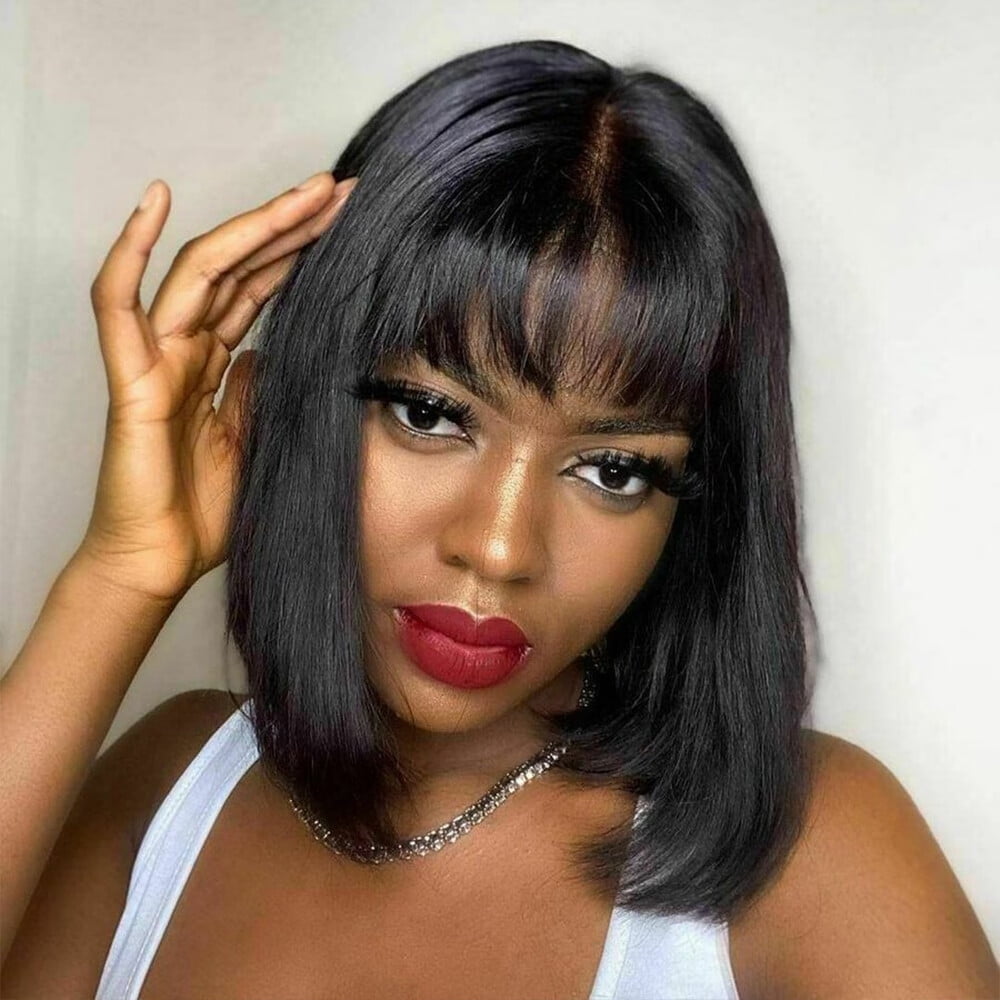 Dopi 9" Black Remy Human Hair Wigs for Women Straight Short Bob Wigs Wefted Wig Caps